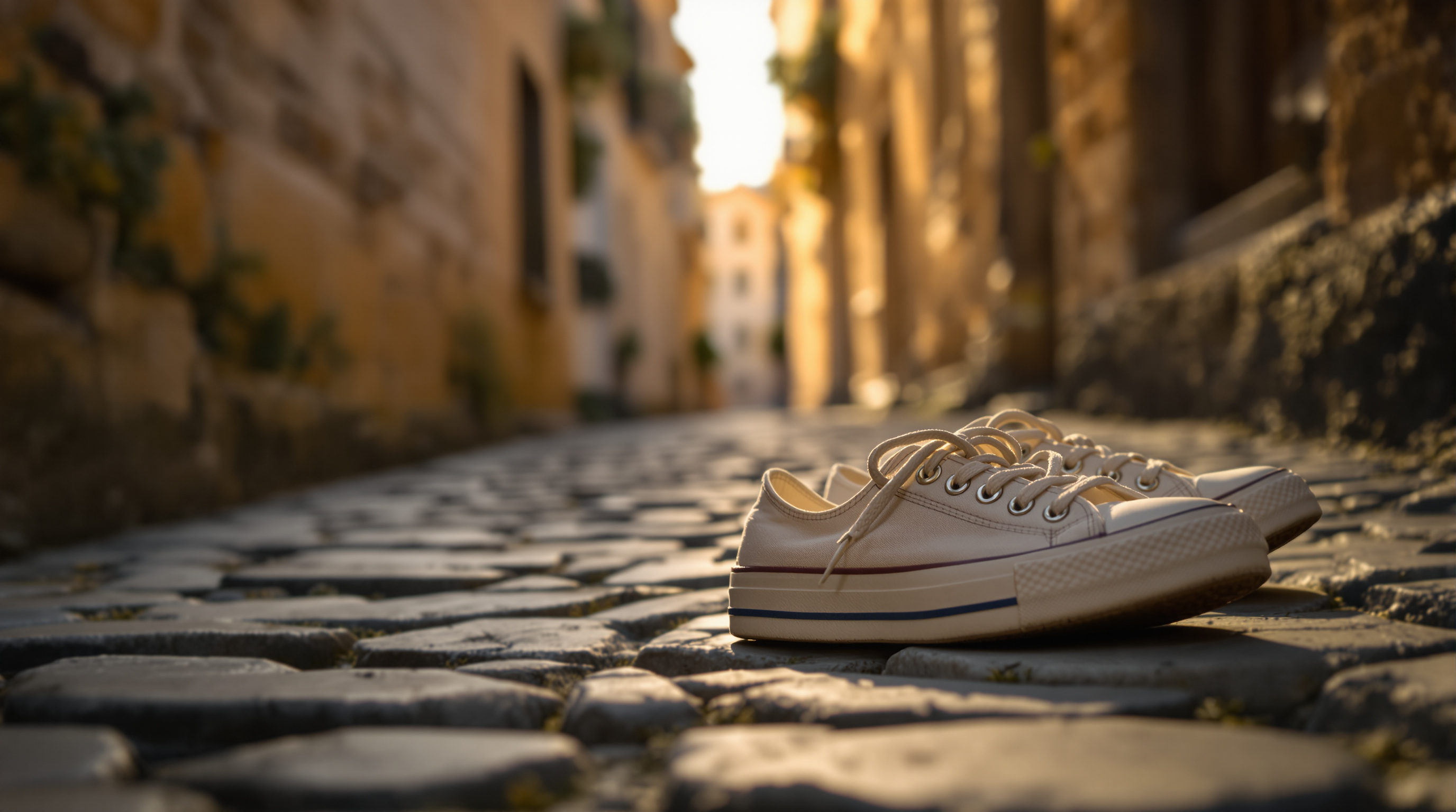 A worn pair of white canvas sneakers resting on old cobblestones in a narrow alley at golden hour