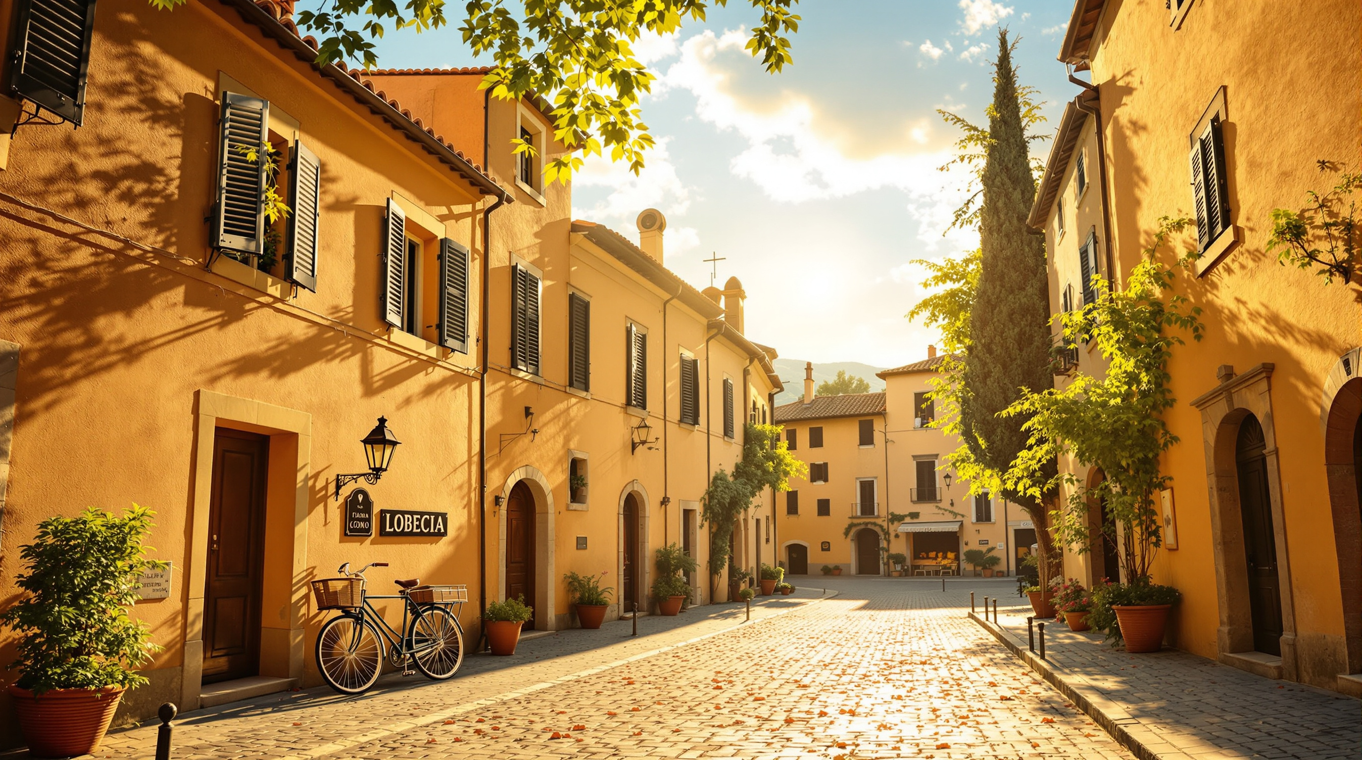 Sunlit Italian town square with old stone buildings and a vintage bicycle leaning against a wall, warm golden tones
