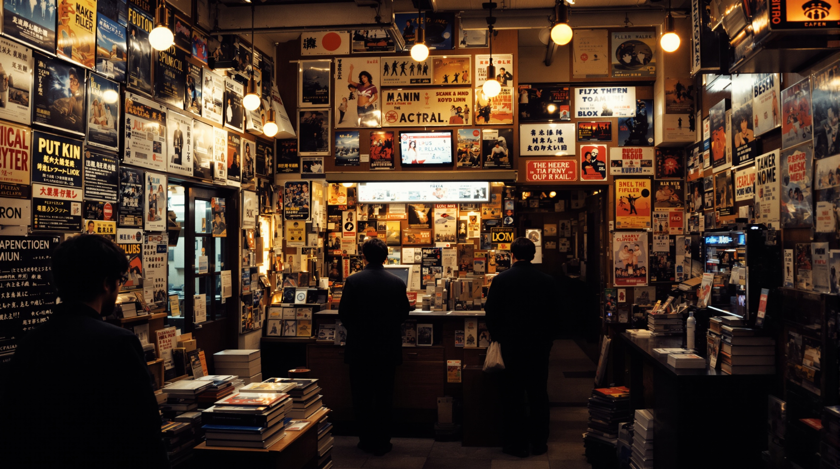 Intimate Japanese art-house cinema lobby with a wall of colorful film flyers and warm lighting