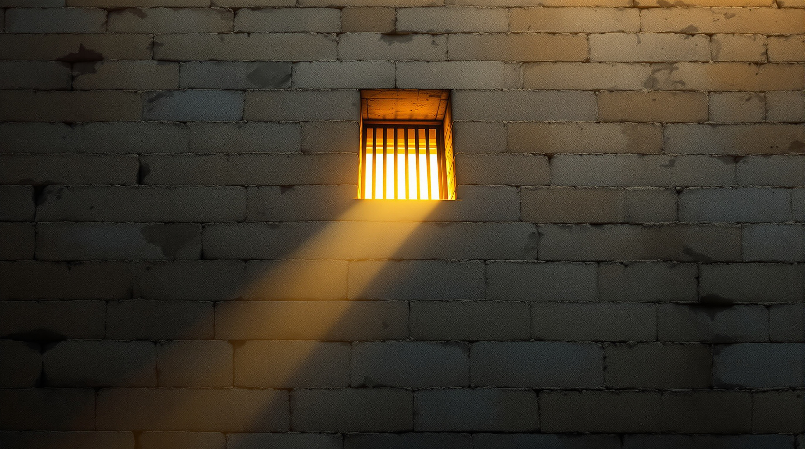 Old stone prison wall with a small barred window and a shaft of warm light breaking through