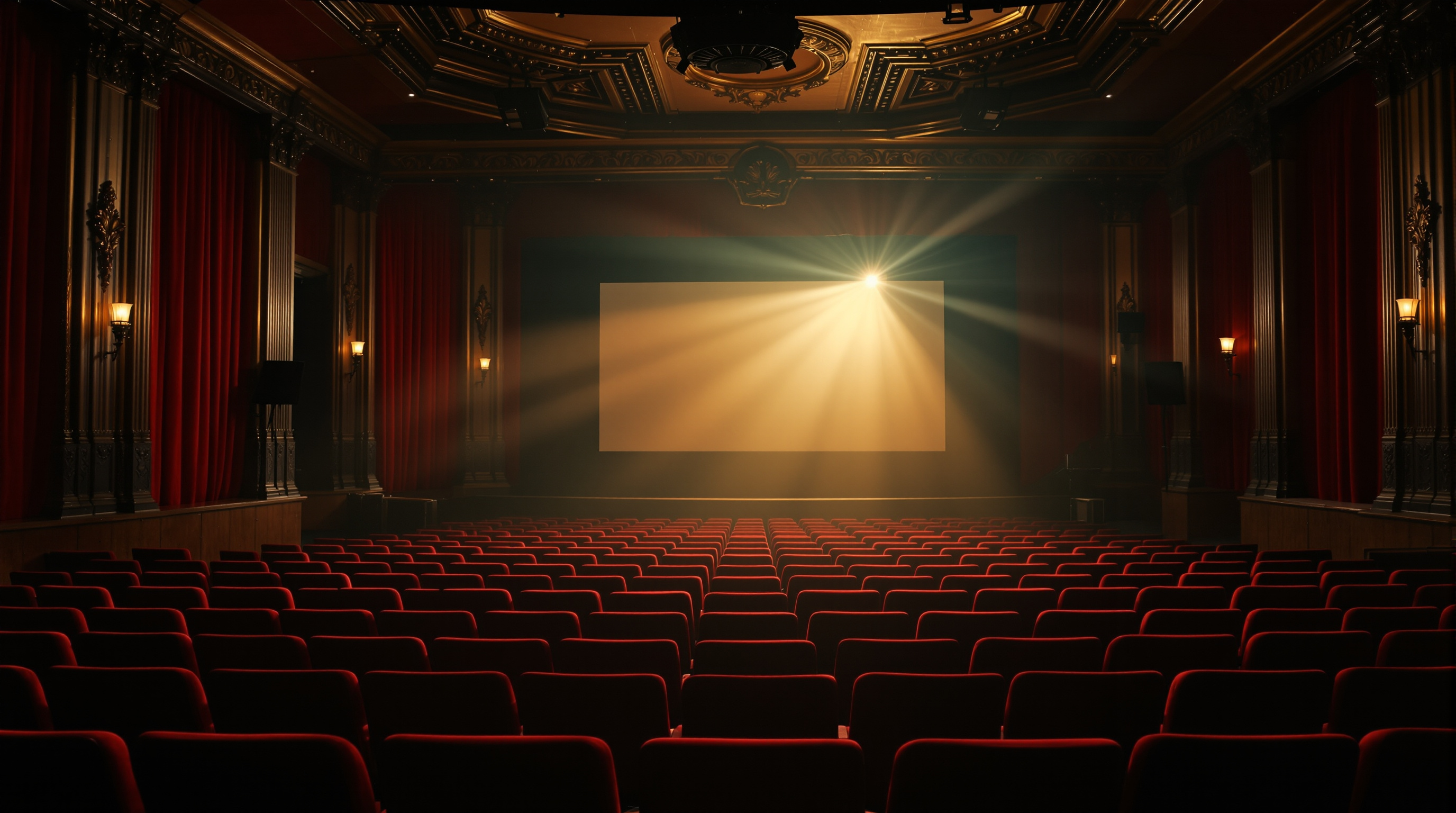 Interior of a vintage single-screen movie theater with red velvet seats and a projector beam cutting through haze