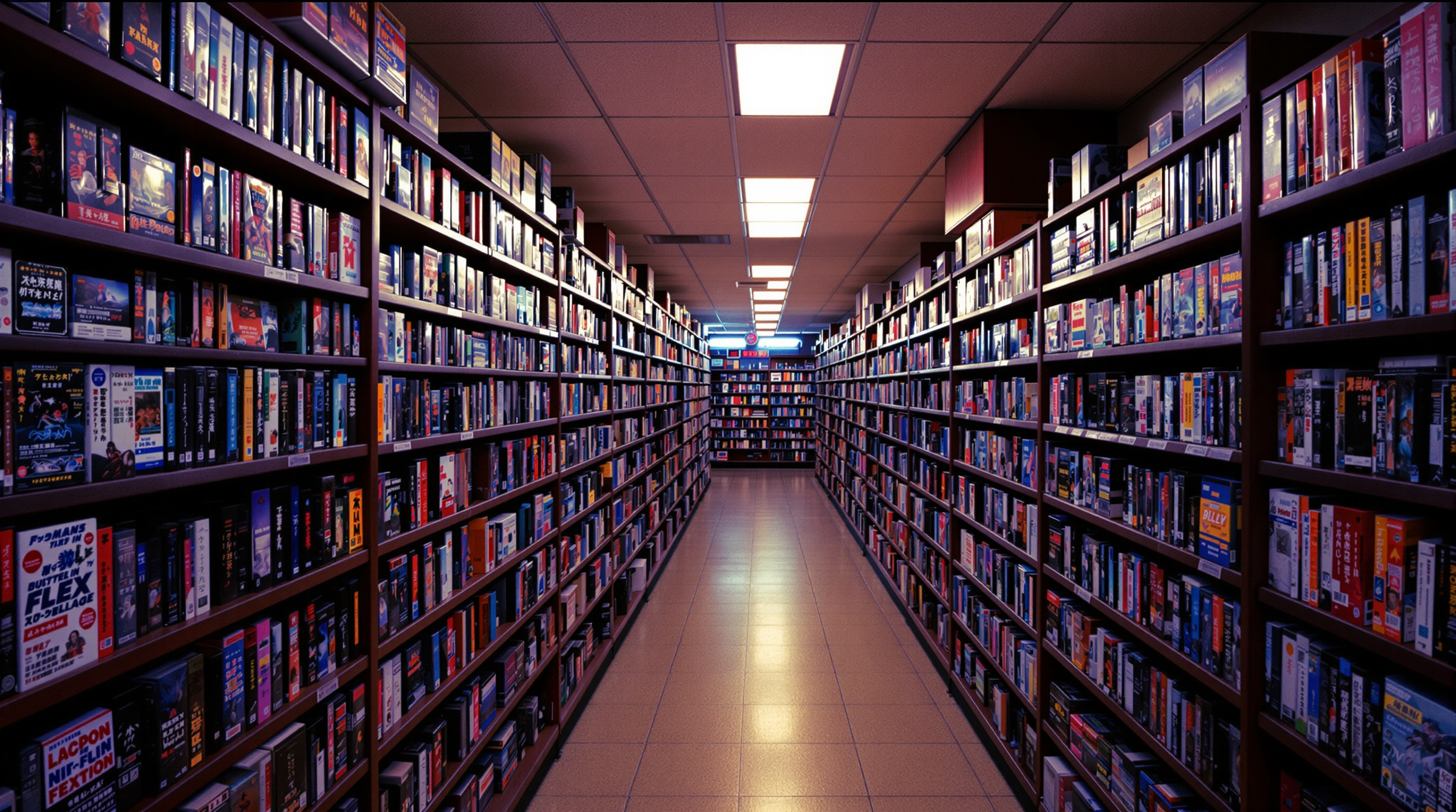 Aisles of a 1990s Japanese video rental store stacked with VHS tapes under warm fluorescent light